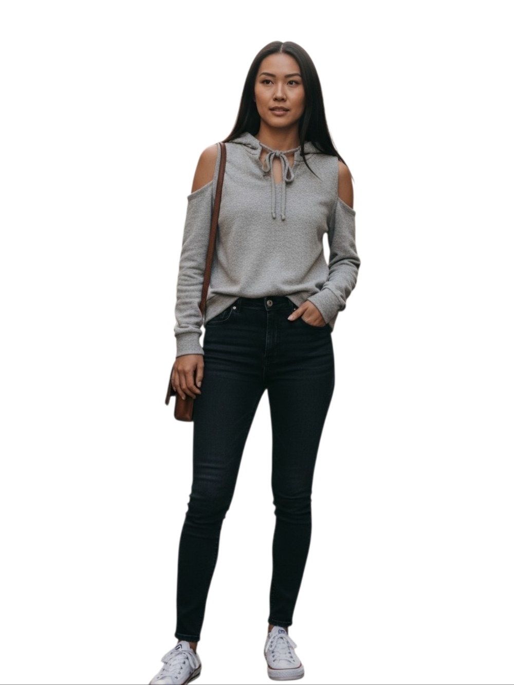 Chaser Cold-Shoulder Drawstring Hoodie in Heather Gray